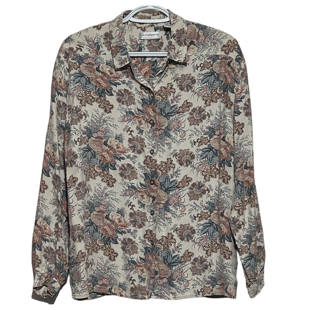 Liz Claiborne Women's Beige Floral Blue Brown Long Sleeve Button Front Size 8‎